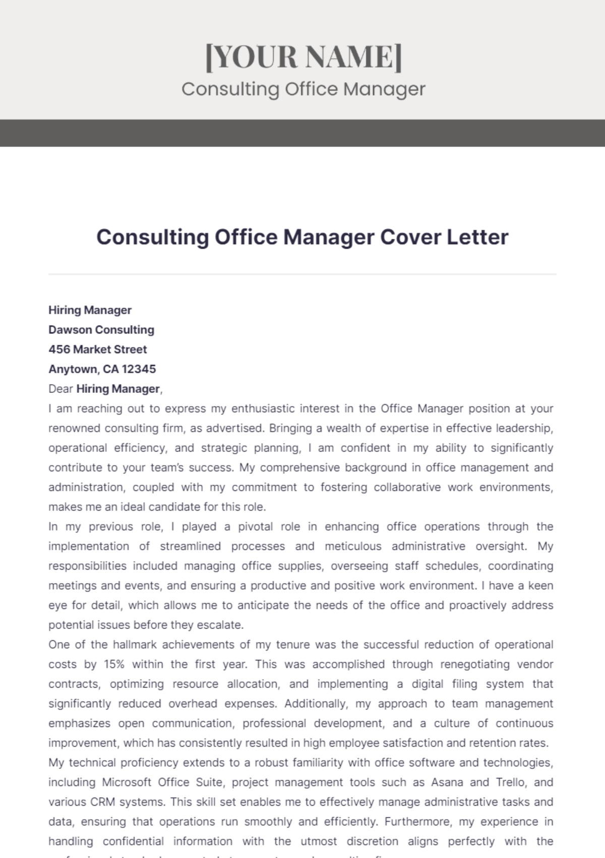 Consulting Office Manager Cover Letter - Edit Online & Download