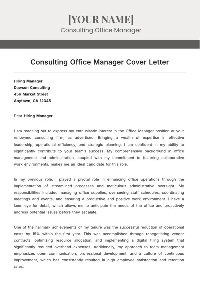 Free Consulting Office Manager Cover Letter to Edit Online
