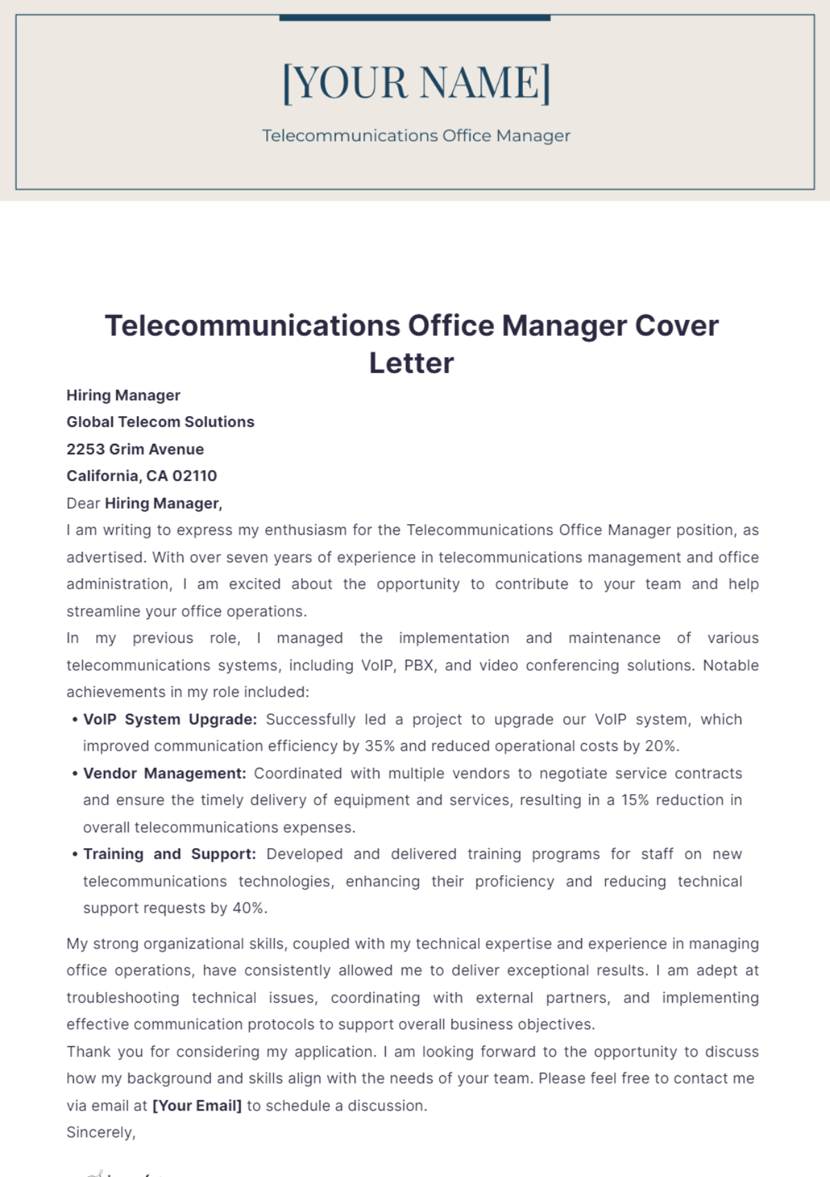 Telecommunications Office Manager Cover Letter