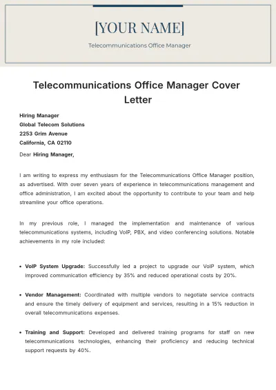 Free Telecommunications Office Manager Cover Letter to Edit Online