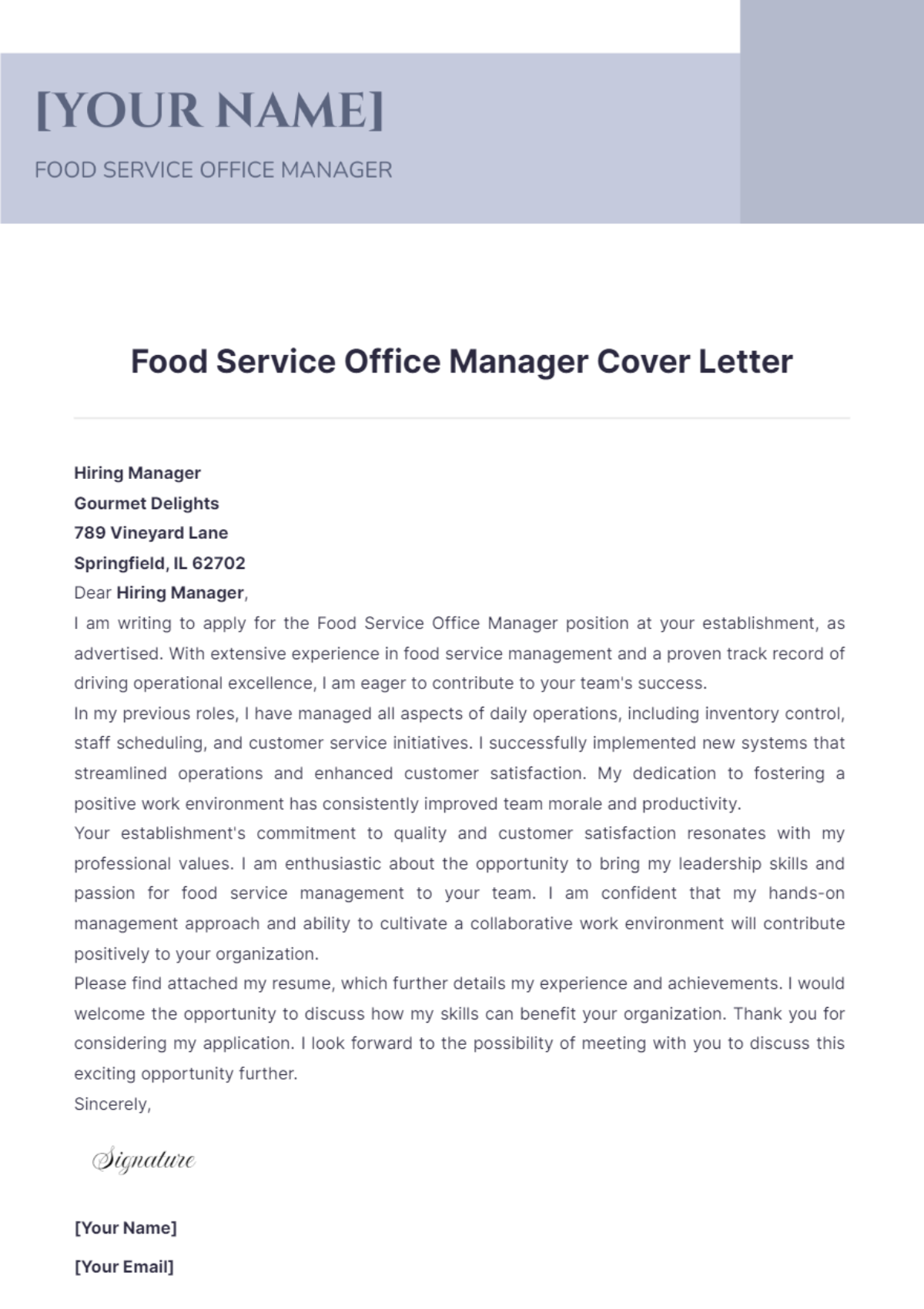 Food Service Office Manager Cover Letter - Edit Online & Download