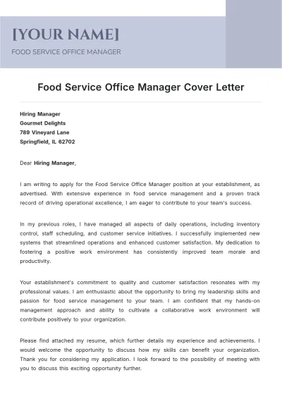 Free Food Service Office Manager Cover Letter to Edit Online