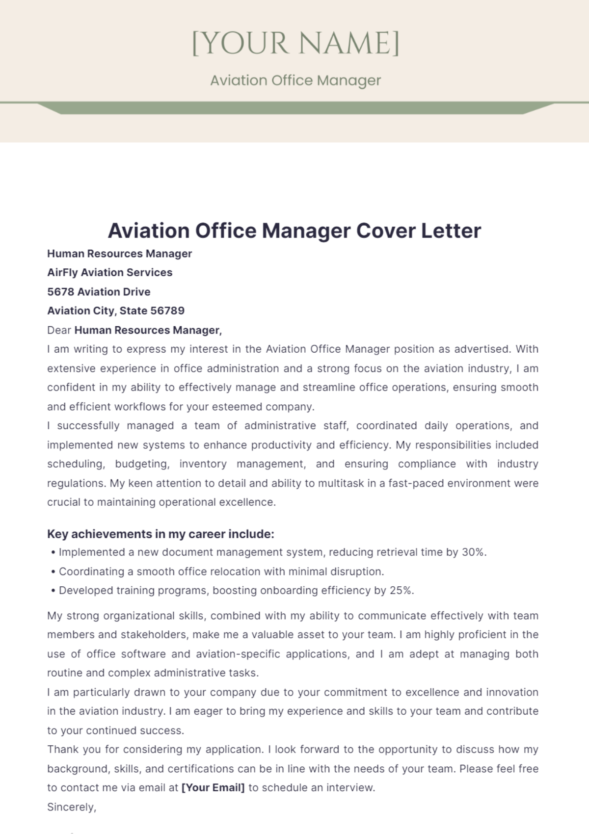 Aviation Office Manager Cover Letter