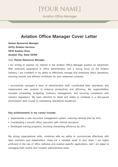 Free Aviation Office Manager Cover Letter to Edit Online