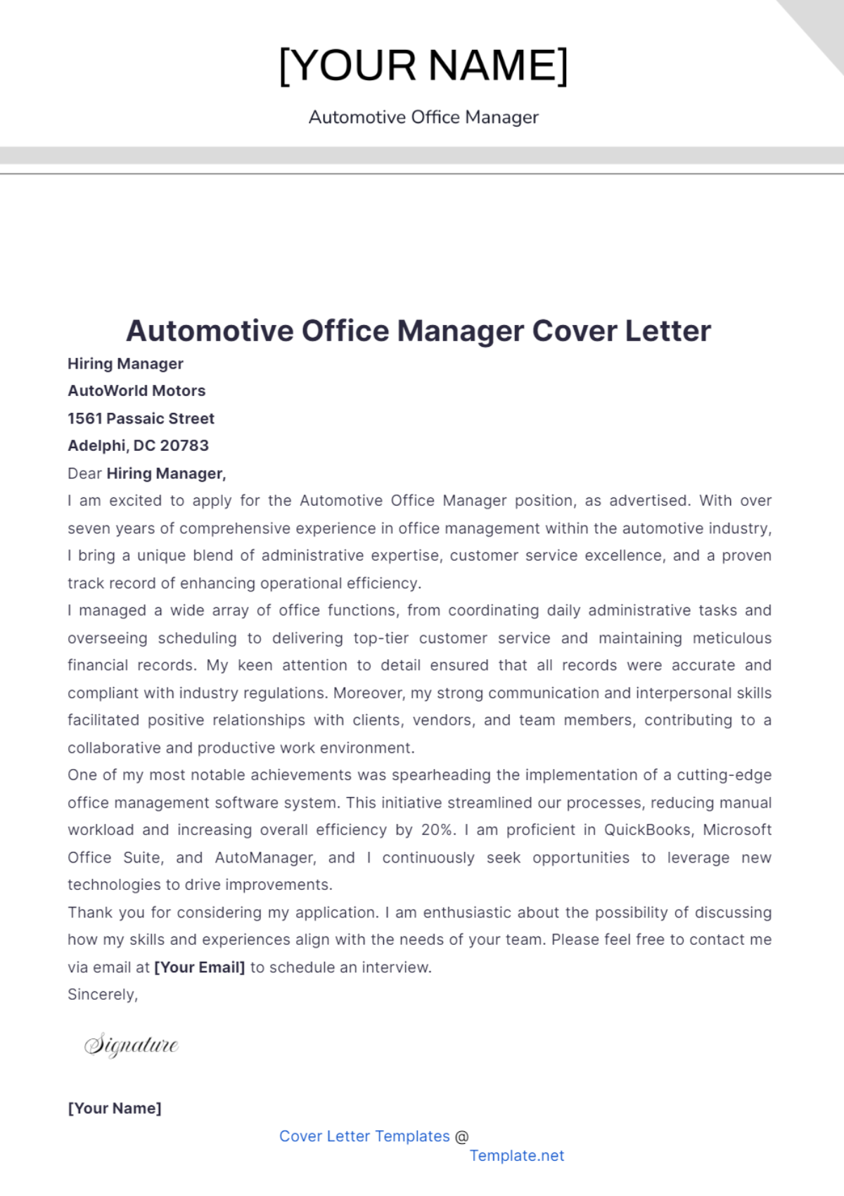 Automotive Office Manager Cover Letter