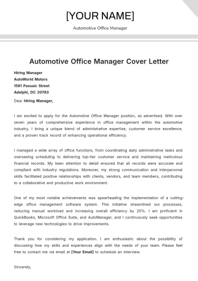 Free Automotive Office Manager Cover Letter to Edit Online