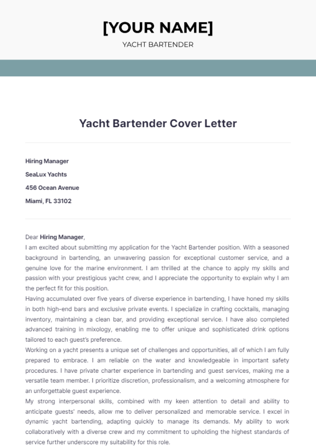 Yacht Bartender Cover Letter - Edit Online & Download