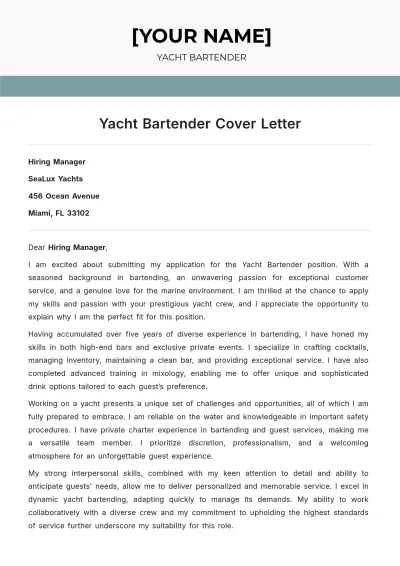 Free Yacht Bartender Cover Letter to Edit Online