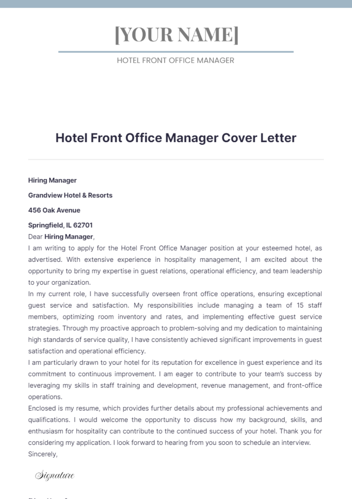 Hotel Front Office Manager Cover Letter