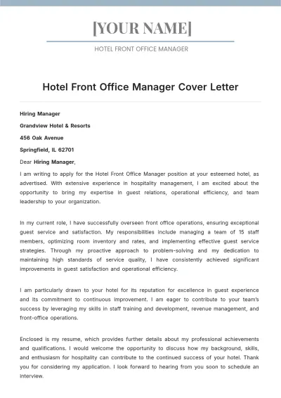 Free Hotel Front Office Manager Cover Letter to Edit Online