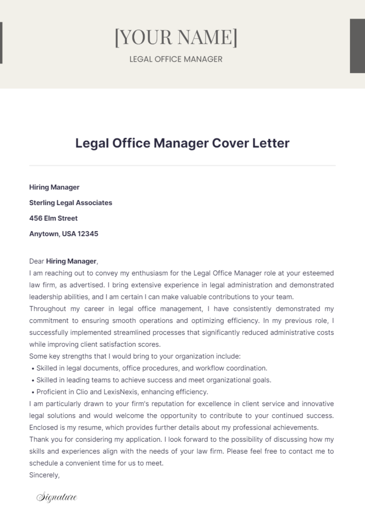 Legal Office Manager Cover Letter