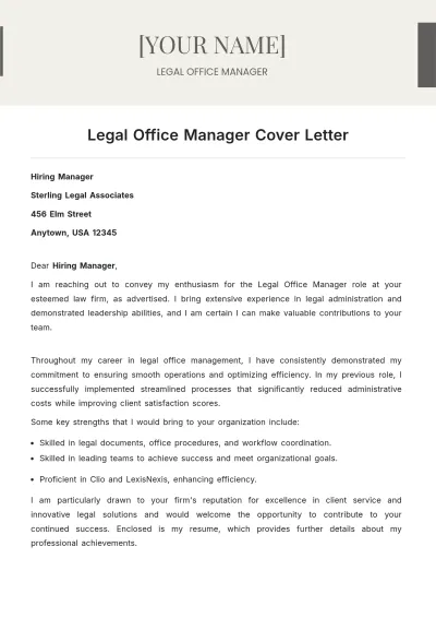 Free Legal Office Manager Cover Letter to Edit Online