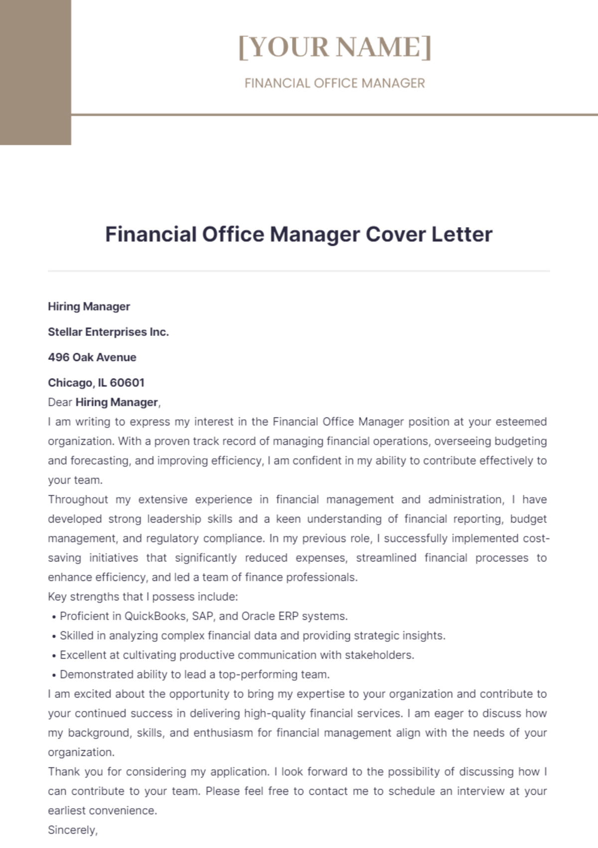 Financial Office Manager Cover Letter