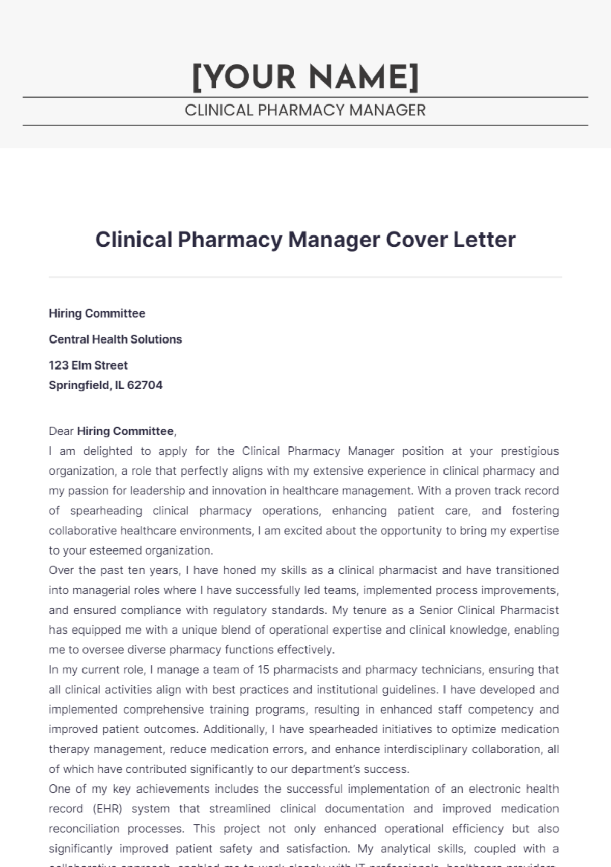 Clinical Pharmacy Manager Cover Letter