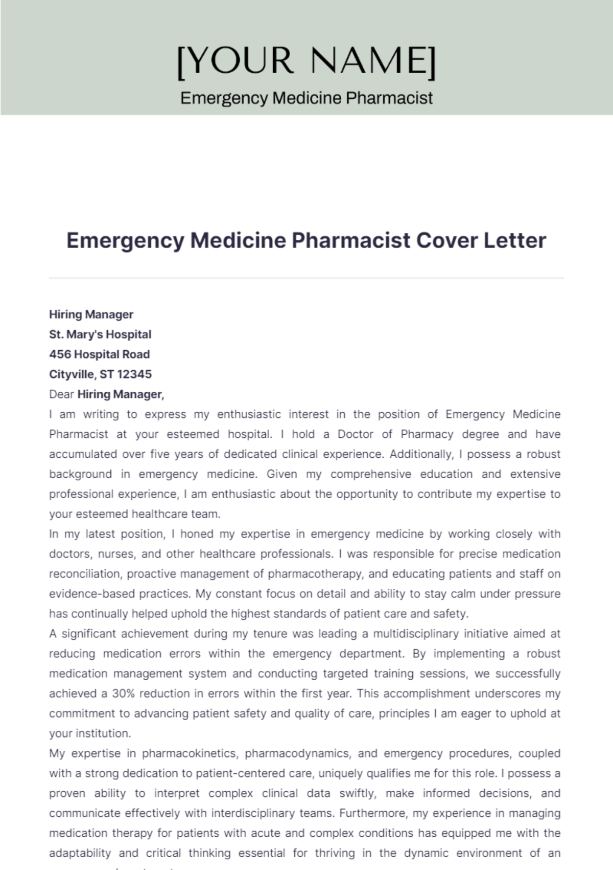 Emergency Medicine Pharmacist Cover Letter - Edit Online & Download