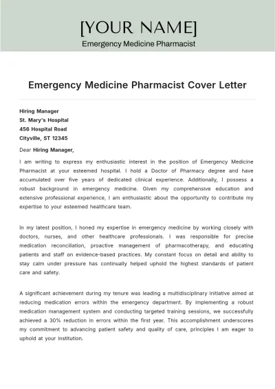 Free Emergency Medicine Pharmacist Cover Letter to Edit Online