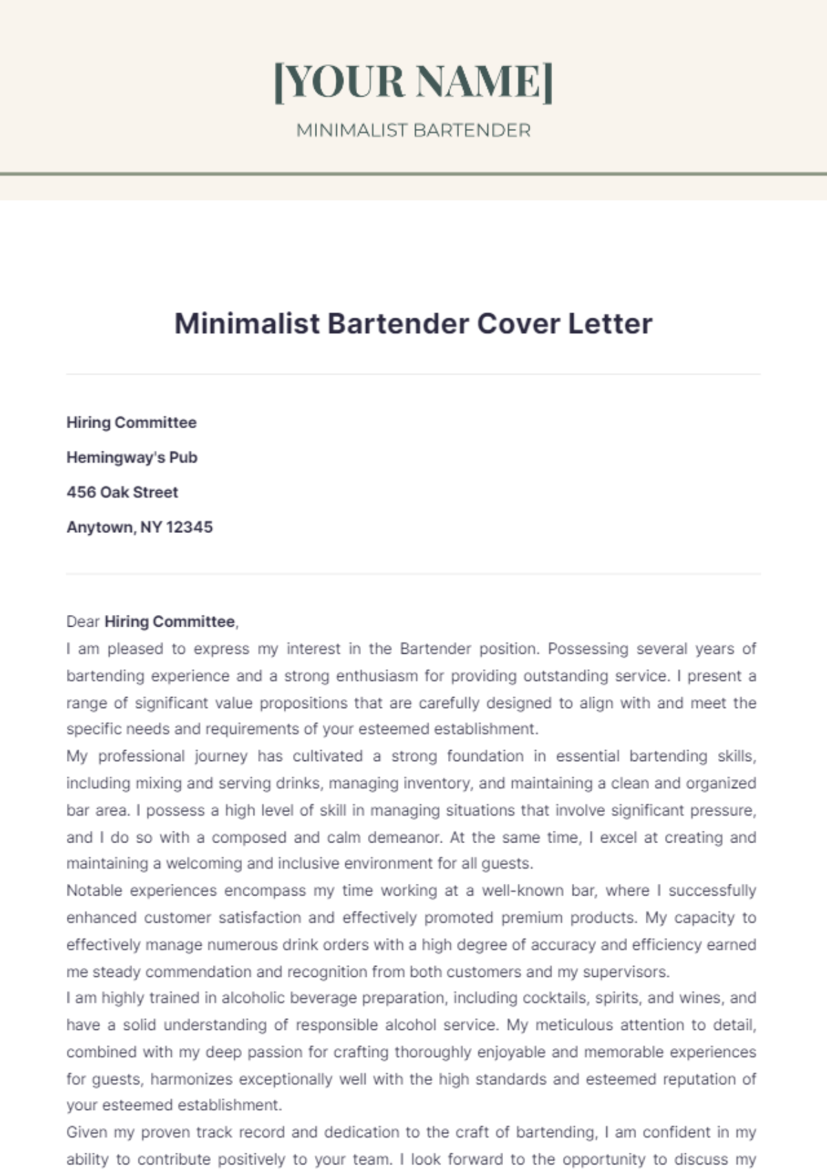 Minimalist Bartender Cover Letter - Edit Online & Download