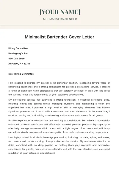 Free Minimalist Bartender Cover Letter to Edit Online