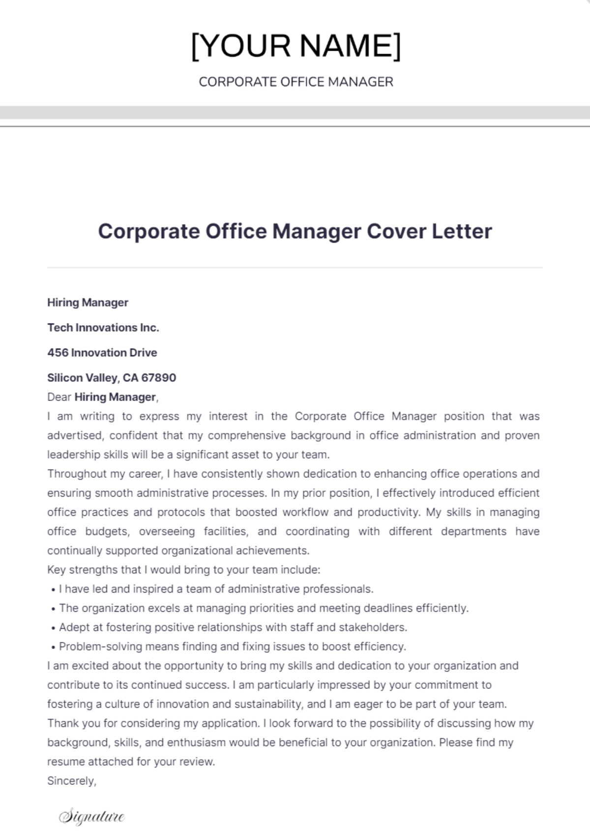 Corporate Office Manager Cover Letter - Edit Online & Download