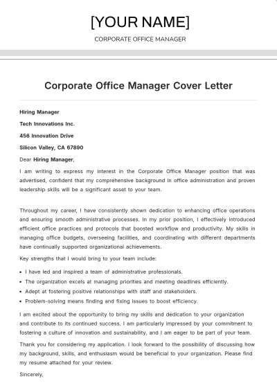 Free Corporate Office Manager Cover Letter to Edit Online