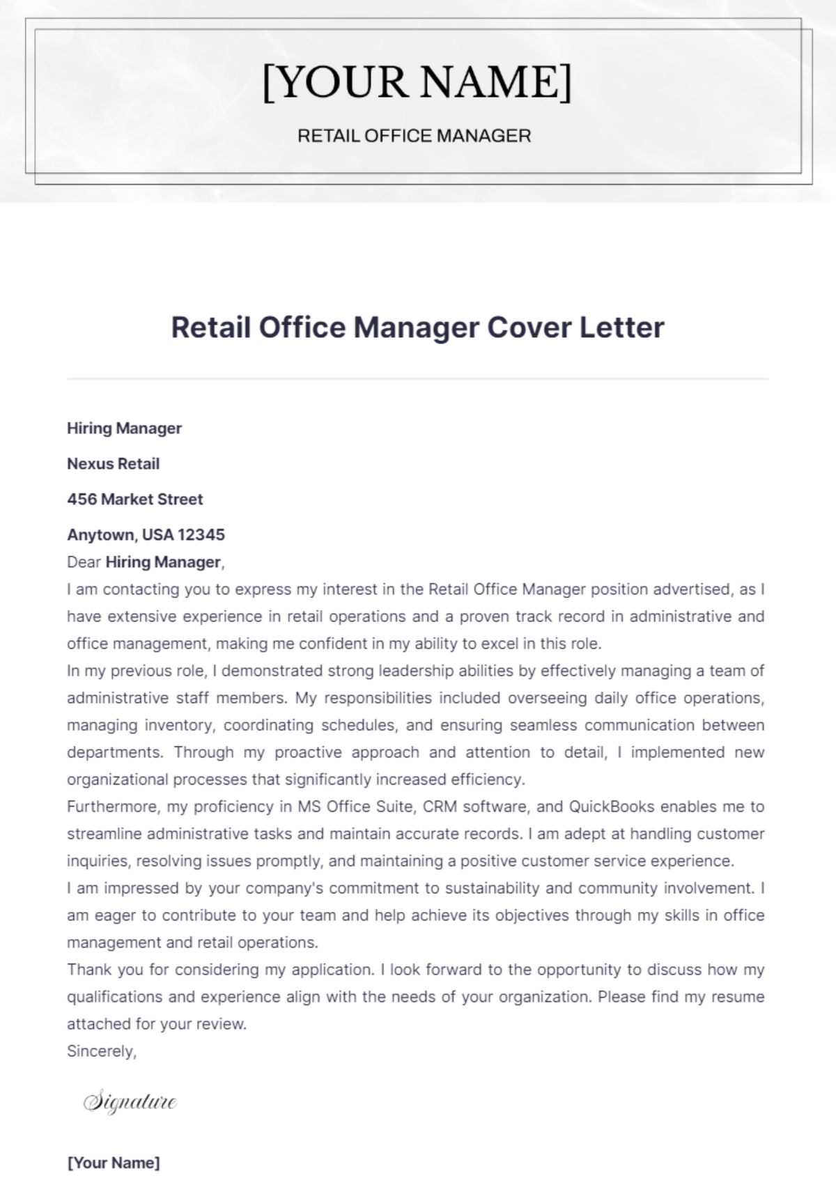 Retail Office Manager Cover Letter