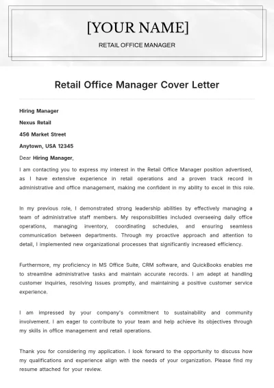 Free Retail Office Manager Cover Letter to Edit Online