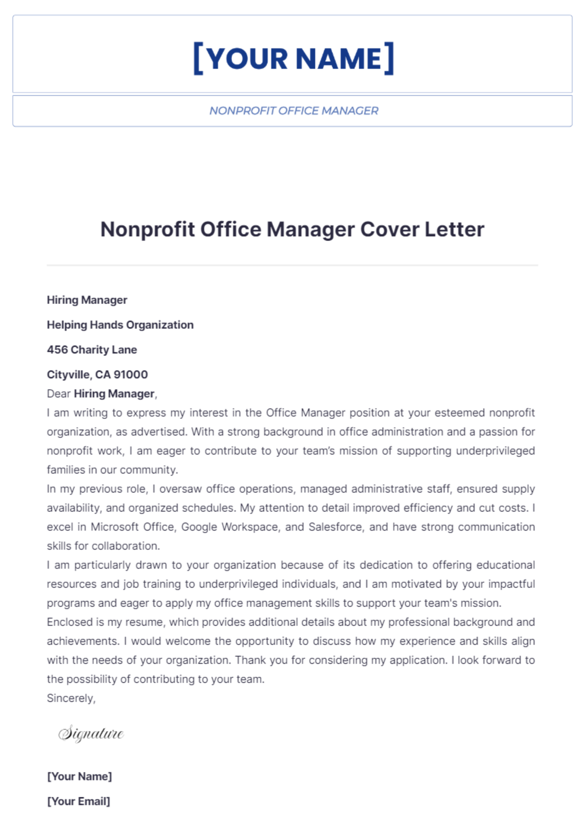 Nonprofit Office Manager Cover Letter