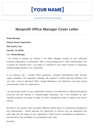 Free Nonprofit Office Manager Cover Letter to Edit Online