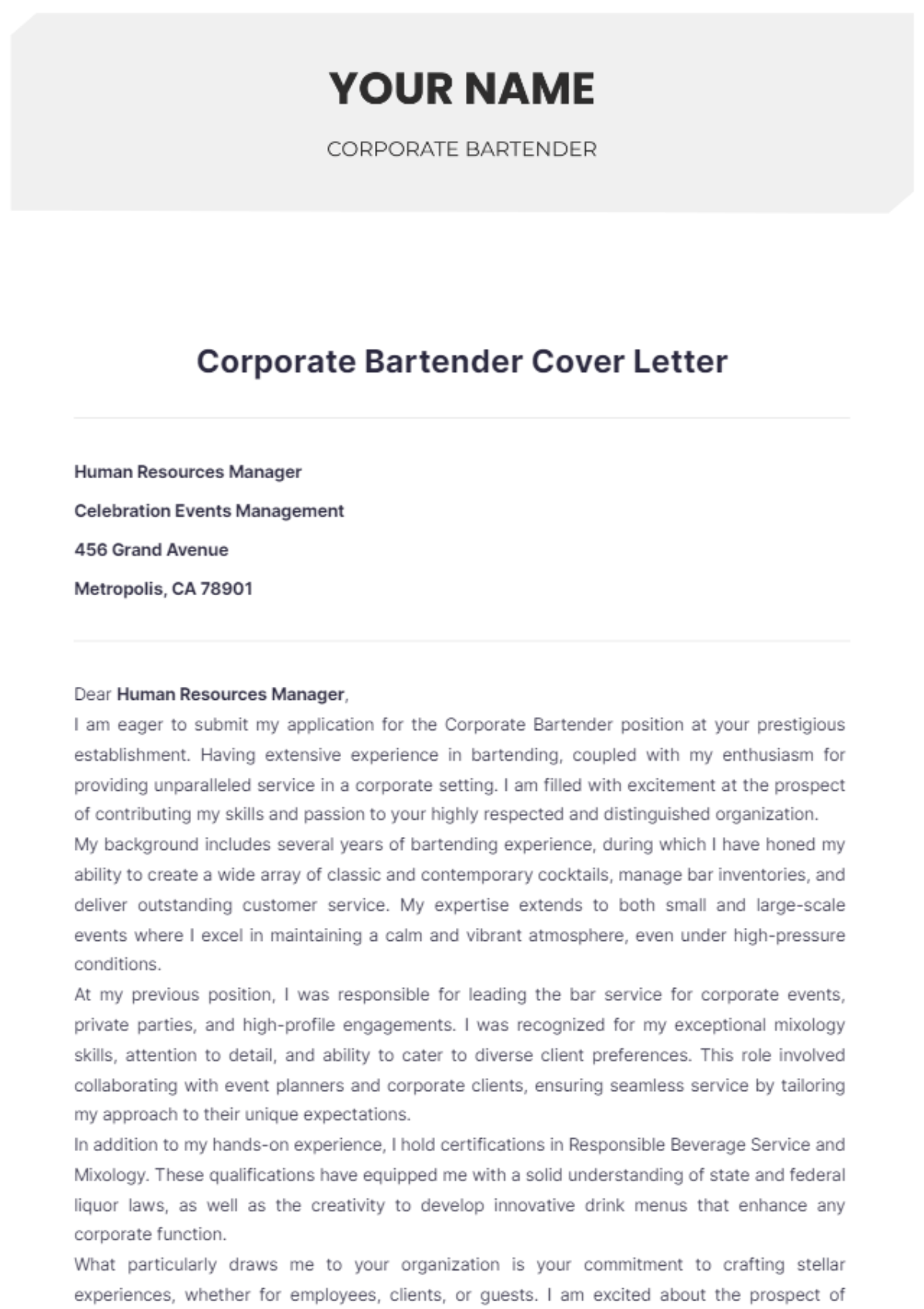 Corporate Bartender Cover Letter