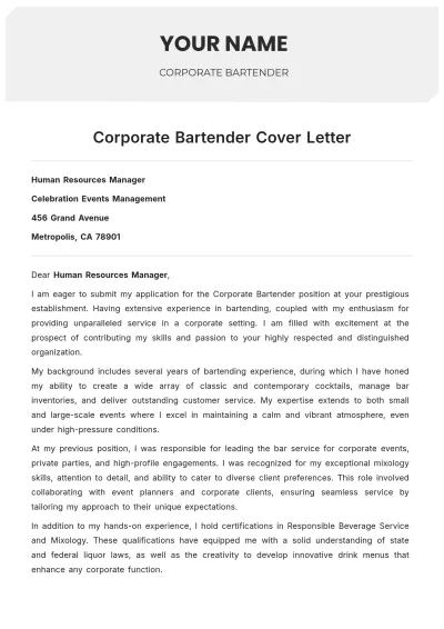 Free Corporate Bartender Cover Letter to Edit Online