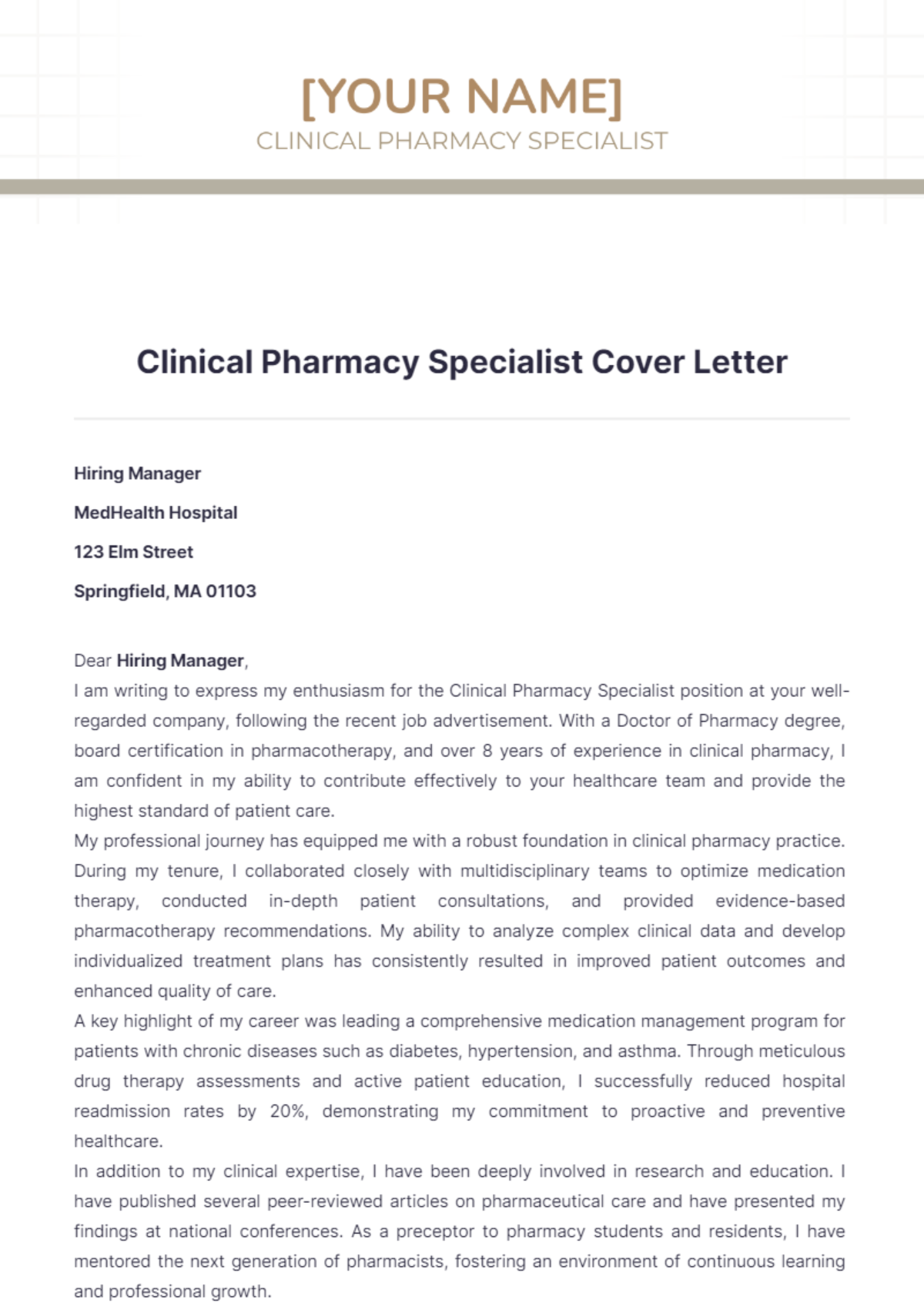 Clinical Pharmacy Specialist Cover Letter