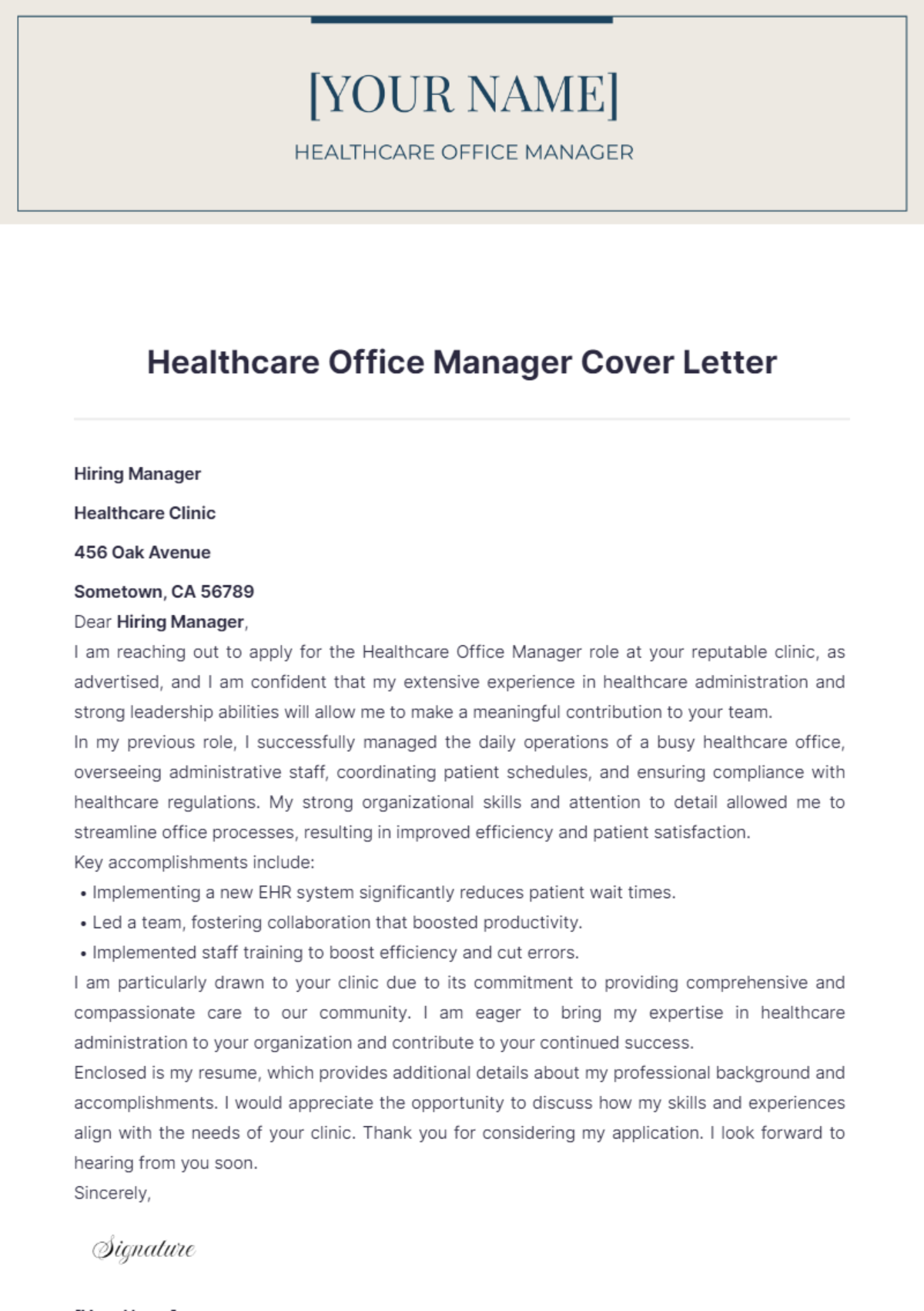 Free Healthcare Office Manager Cover Letter Template