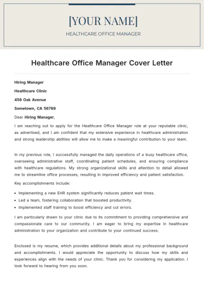 Free Healthcare Office Manager Cover Letter to Edit Online