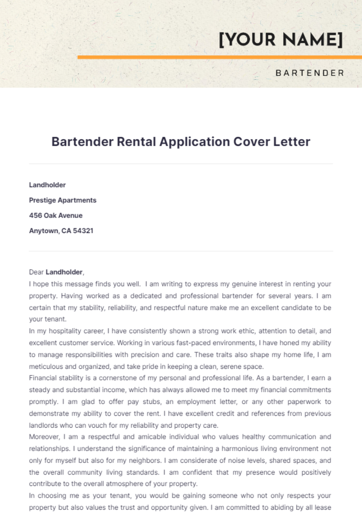 Bartender Rental Application Cover Letter