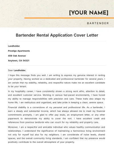 Free Bartender Rental Application Cover Letter to Edit Online