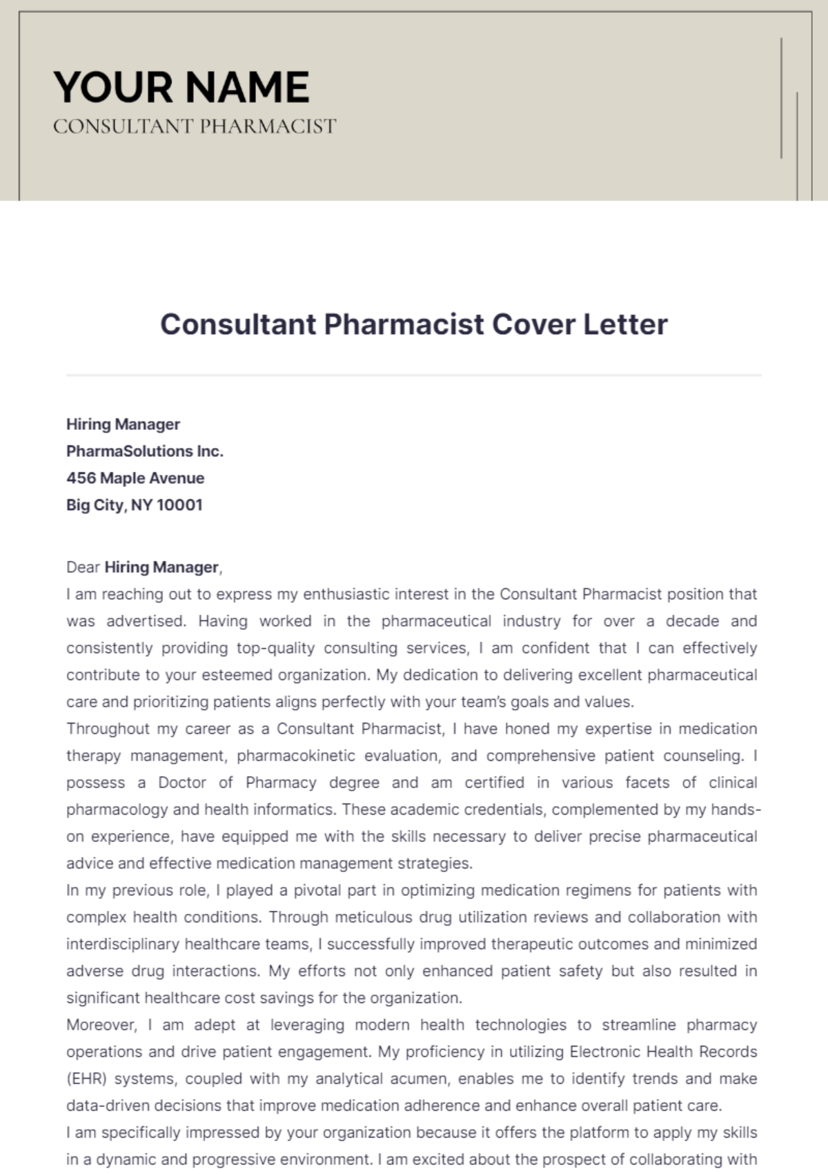 Consultant Pharmacist Cover Letter - Edit Online & Download