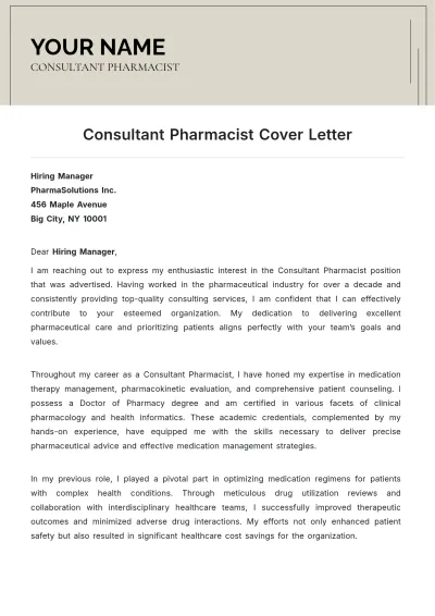 Free Consultant Pharmacist Cover Letter to Edit Online