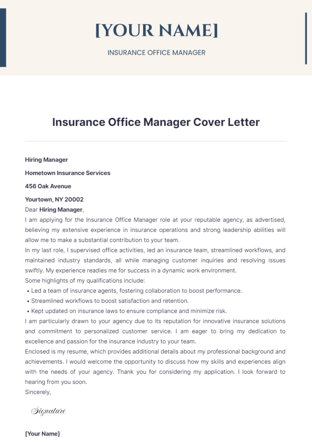 Insurance Office Manager Cover Letter