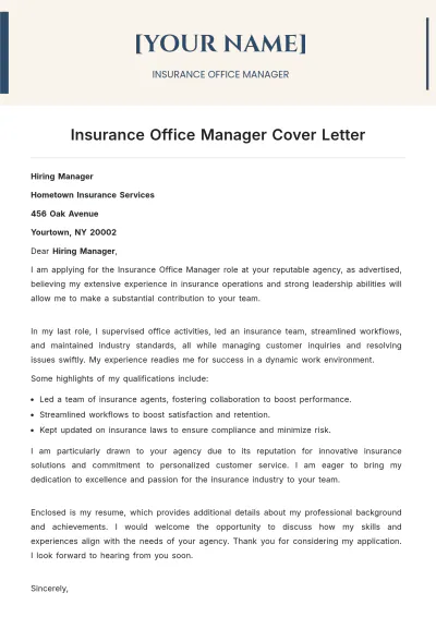 Free Insurance Office Manager Cover Letter to Edit Online