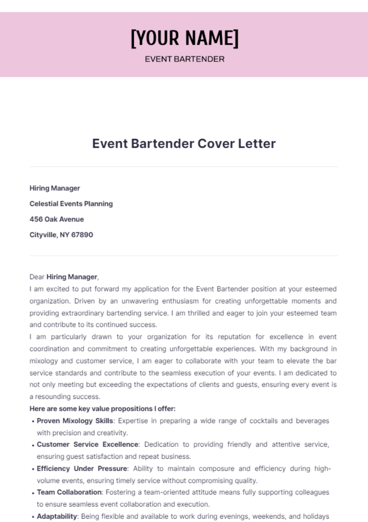 Event Bartender Cover Letter