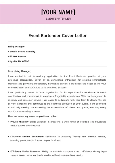 Free Event Bartender Cover Letter to Edit Online