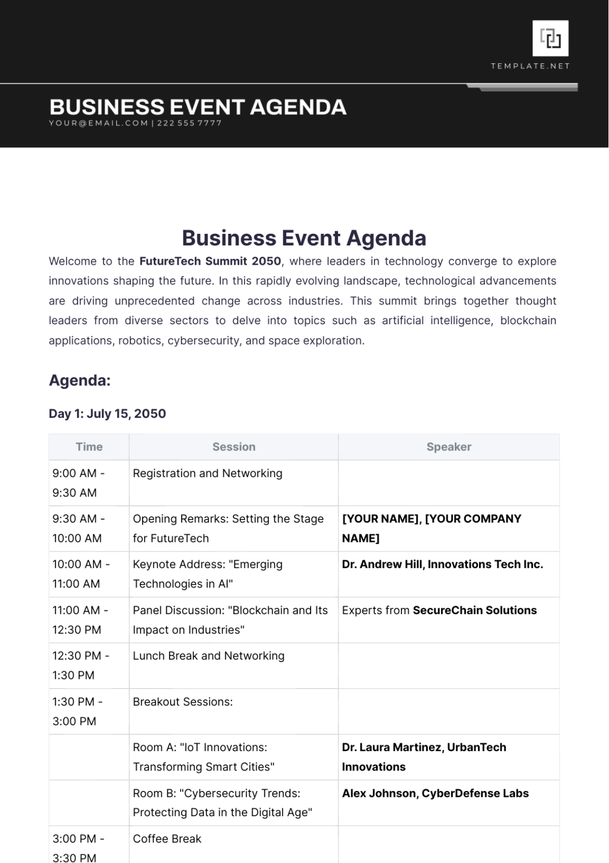 Business Event Agenda Template - Edit Online & Download