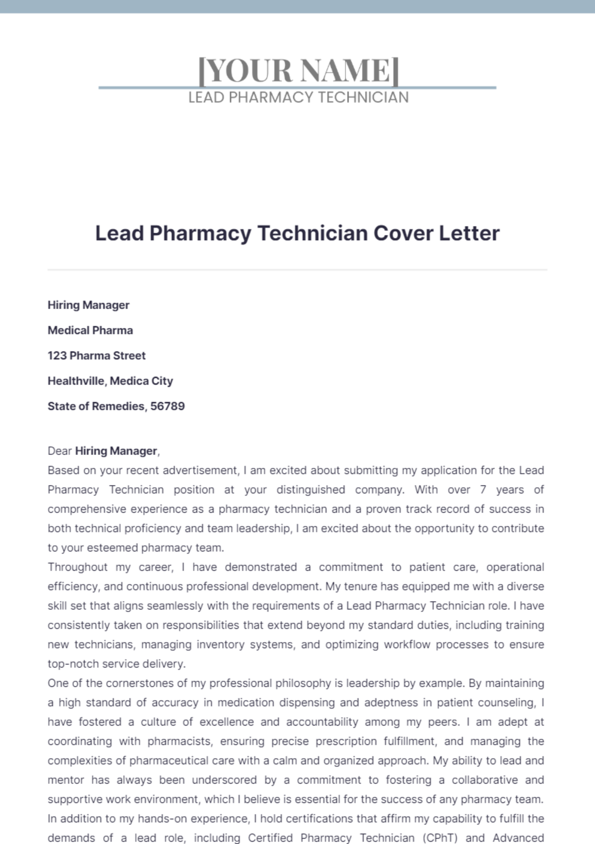 Lead Pharmacy Technician Cover Letter - Edit Online & Download