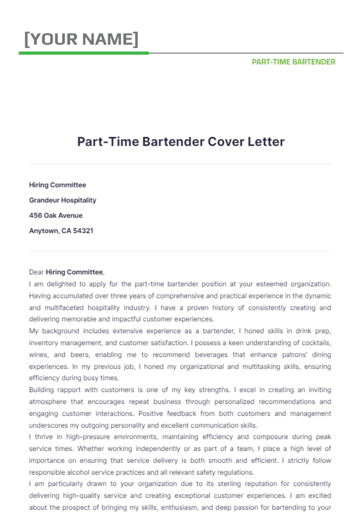 Part Time Bartender Cover Letter - Edit Online & Download