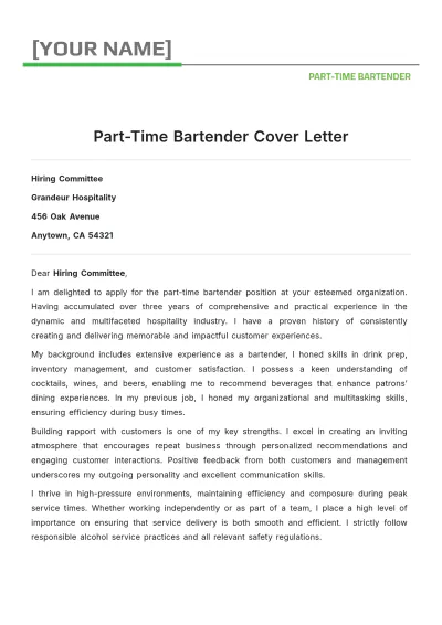 Free Part Time Bartender Cover Letter to Edit Online