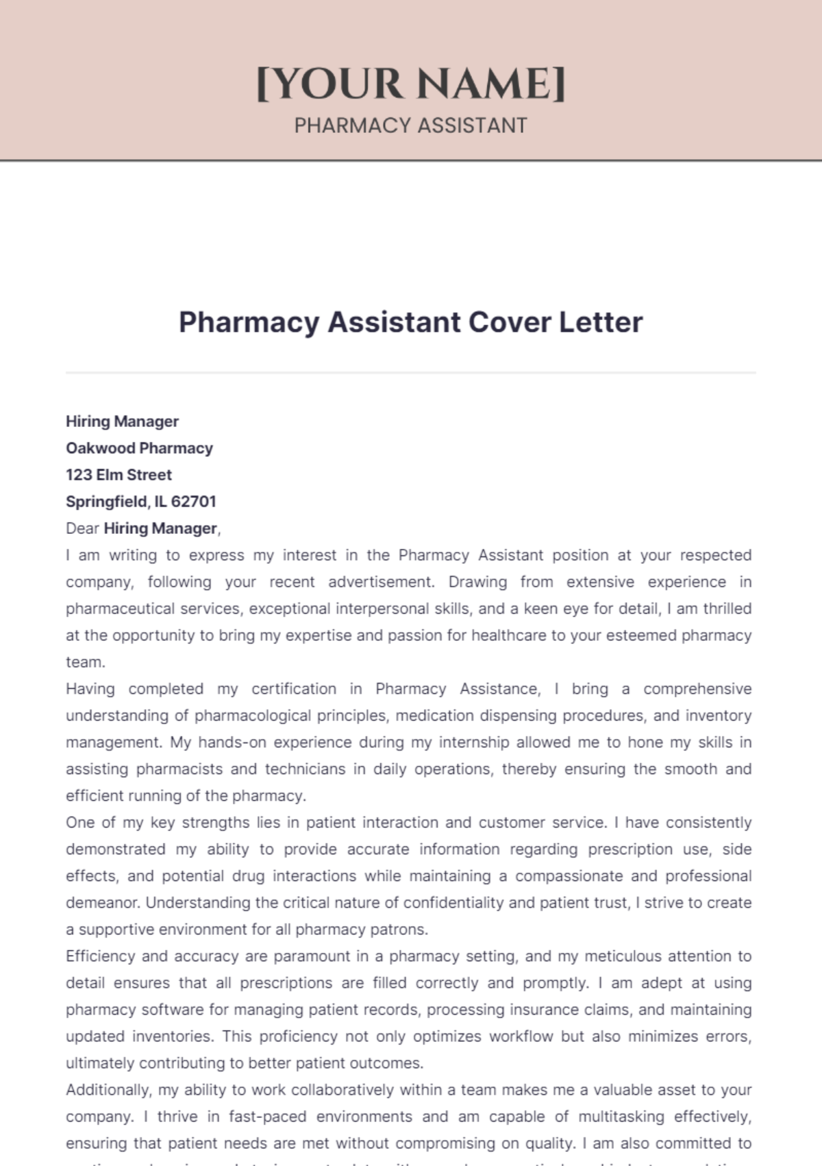 Pharmacy Assistant Cover Letter - Edit Online & Download