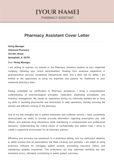 Free Pharmacy Assistant Cover Letter to Edit Online