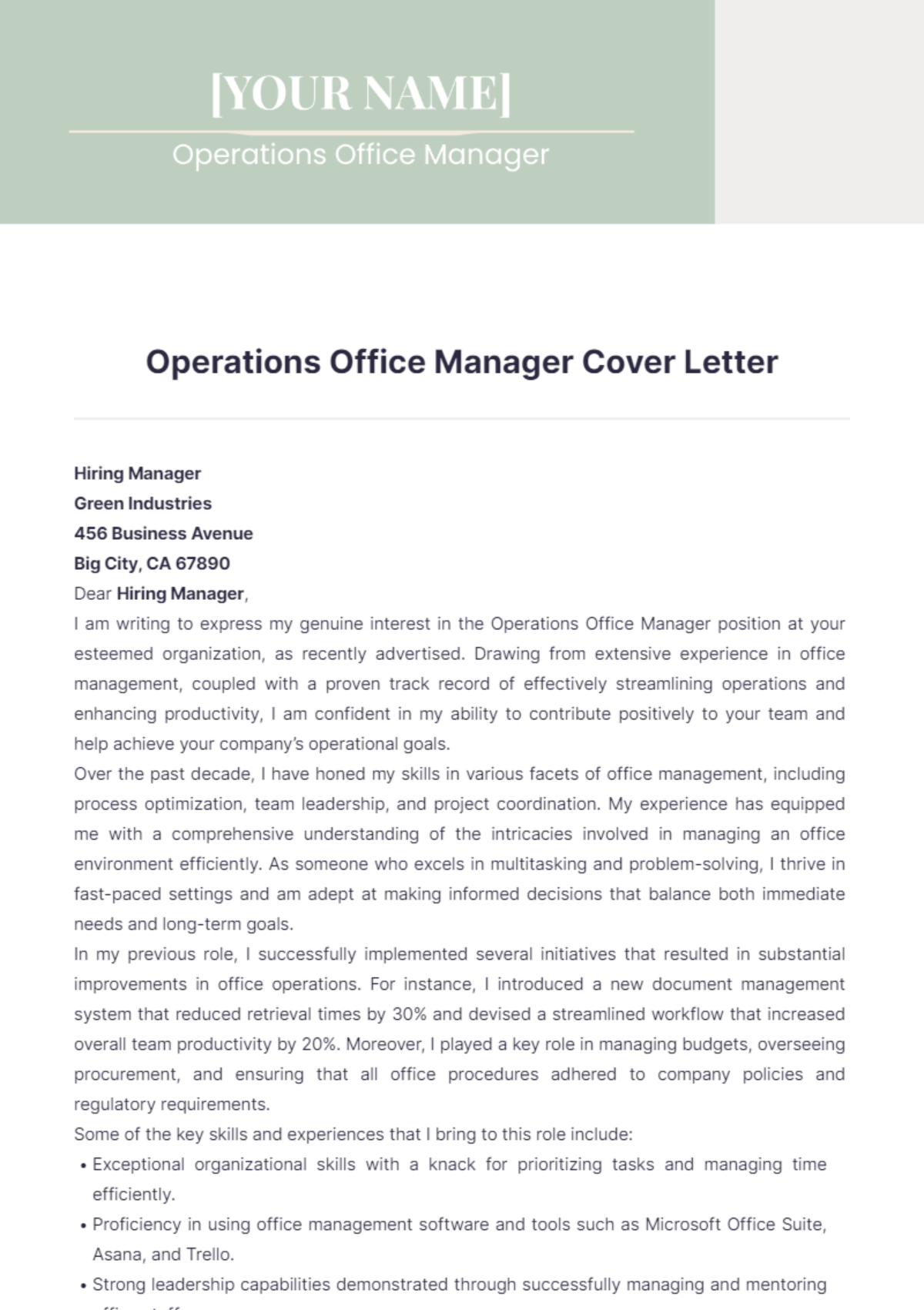 Operations Office Manager Cover Letter - Edit Online & Download