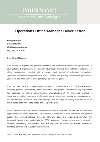 Free Operations Office Manager Cover Letter to Edit Online