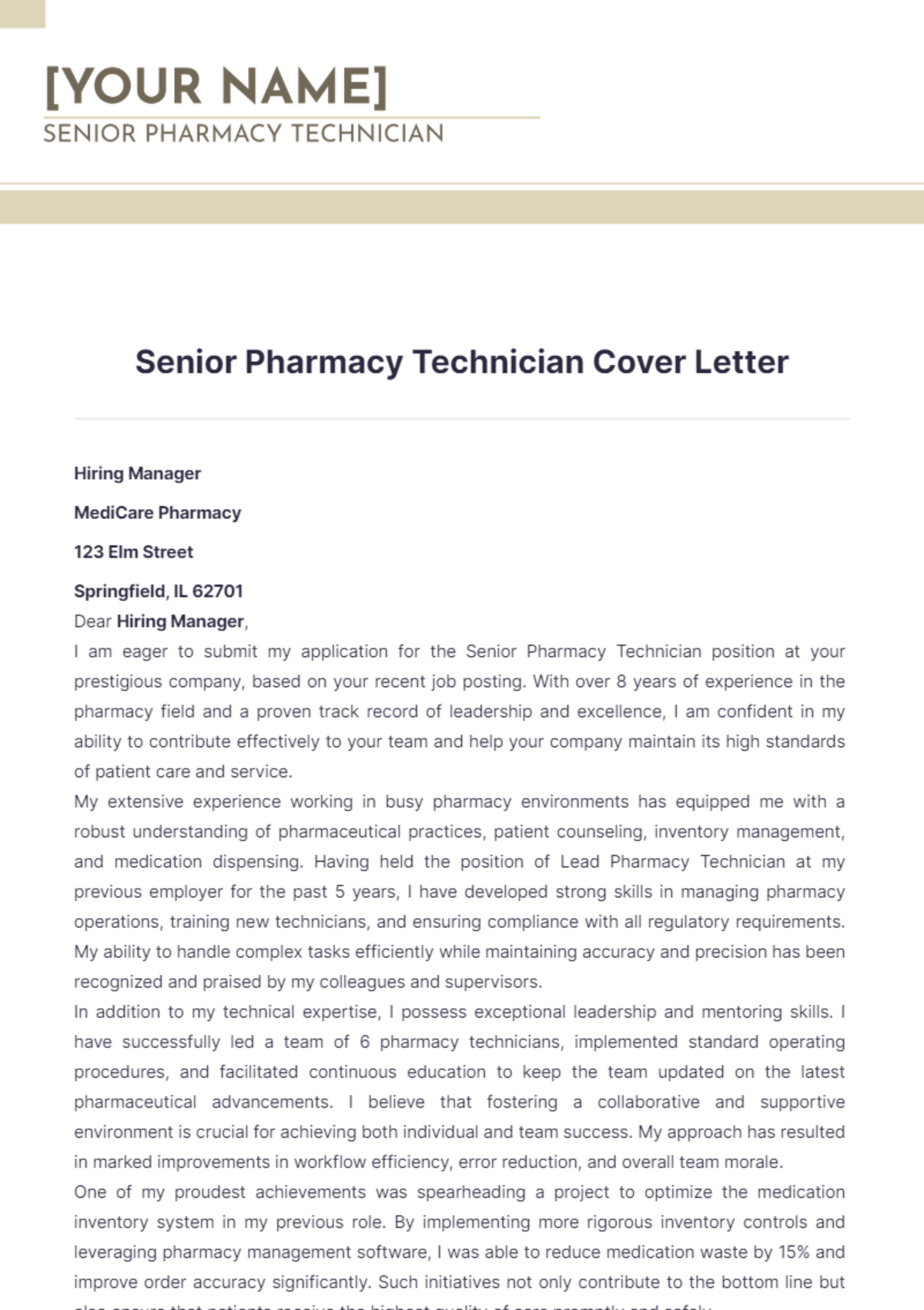 Senior Pharmacy Technician Cover Letter